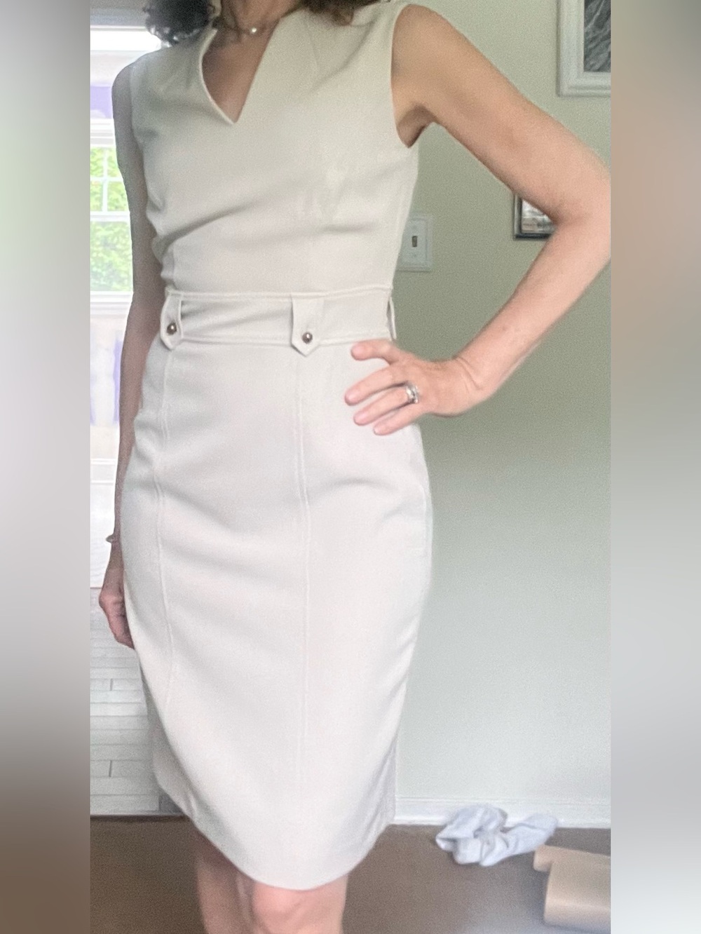 Tahari Cream High-Waist Pencil Skirt with Belt-Tab Detail